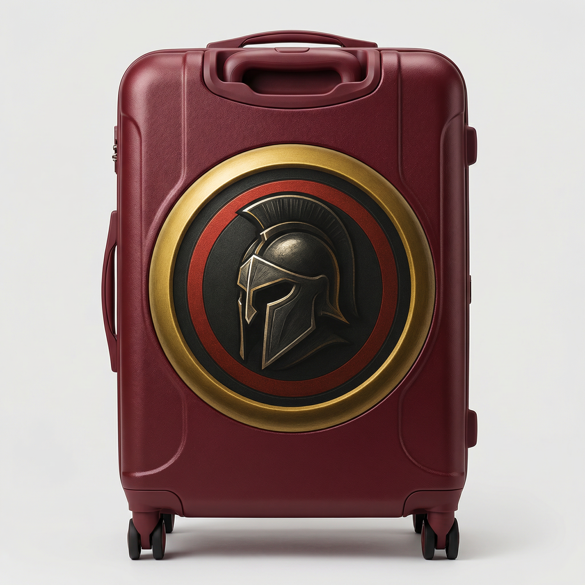 Maroon red suitcase with Souvenir Spartan shield logo